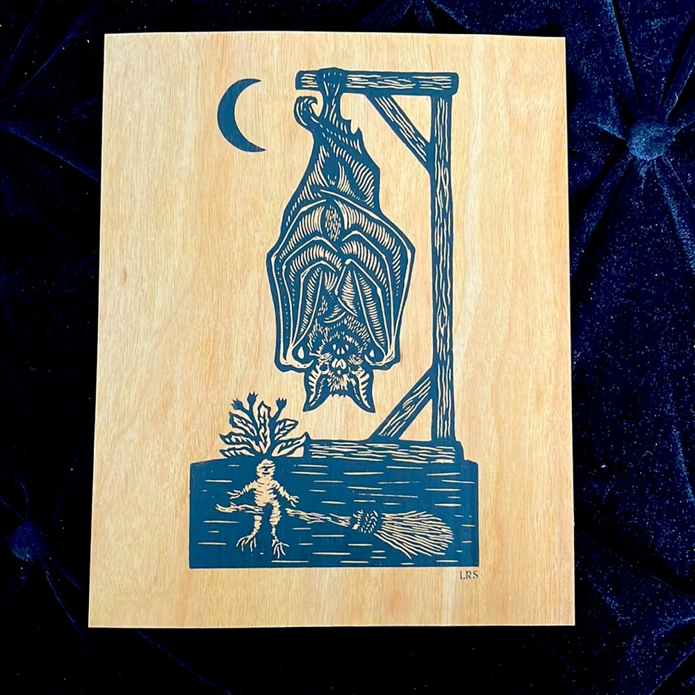 Bat & Mandrake Print on wood by Xylographilia occult, witchy, gothic